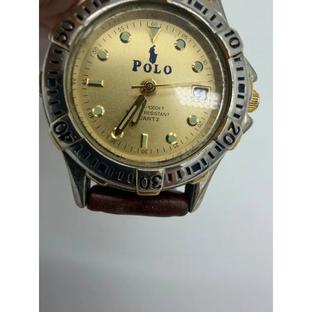 Vintage Beverly Hills Women Polo Club Logo Silver Tone Leather Quartz Watch